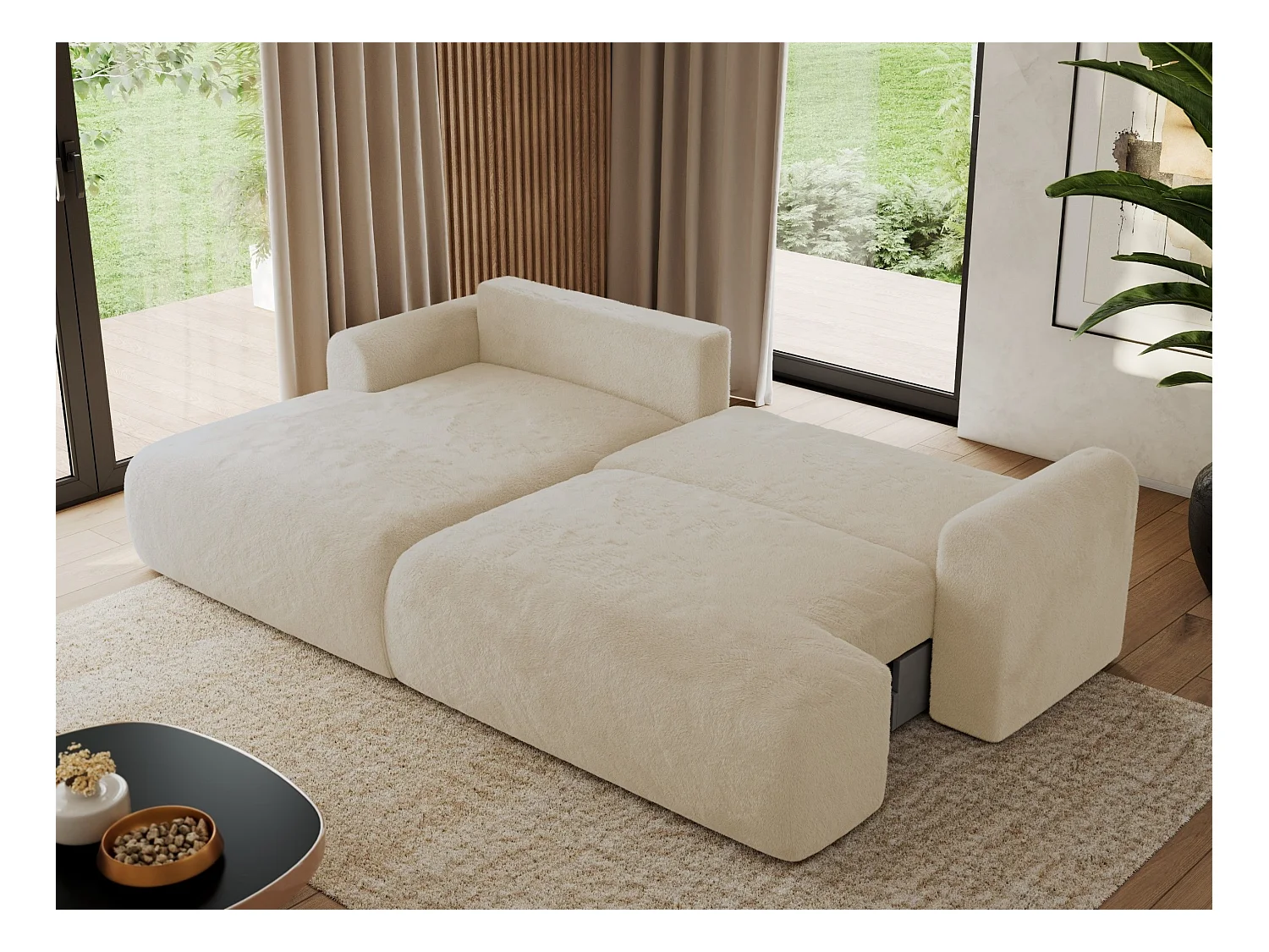 Ecksofa TONO - mit Schlaffunktion und Bettkasten, L-form Ecke, Armlehnen - Creme Plüsch - Ecke Links