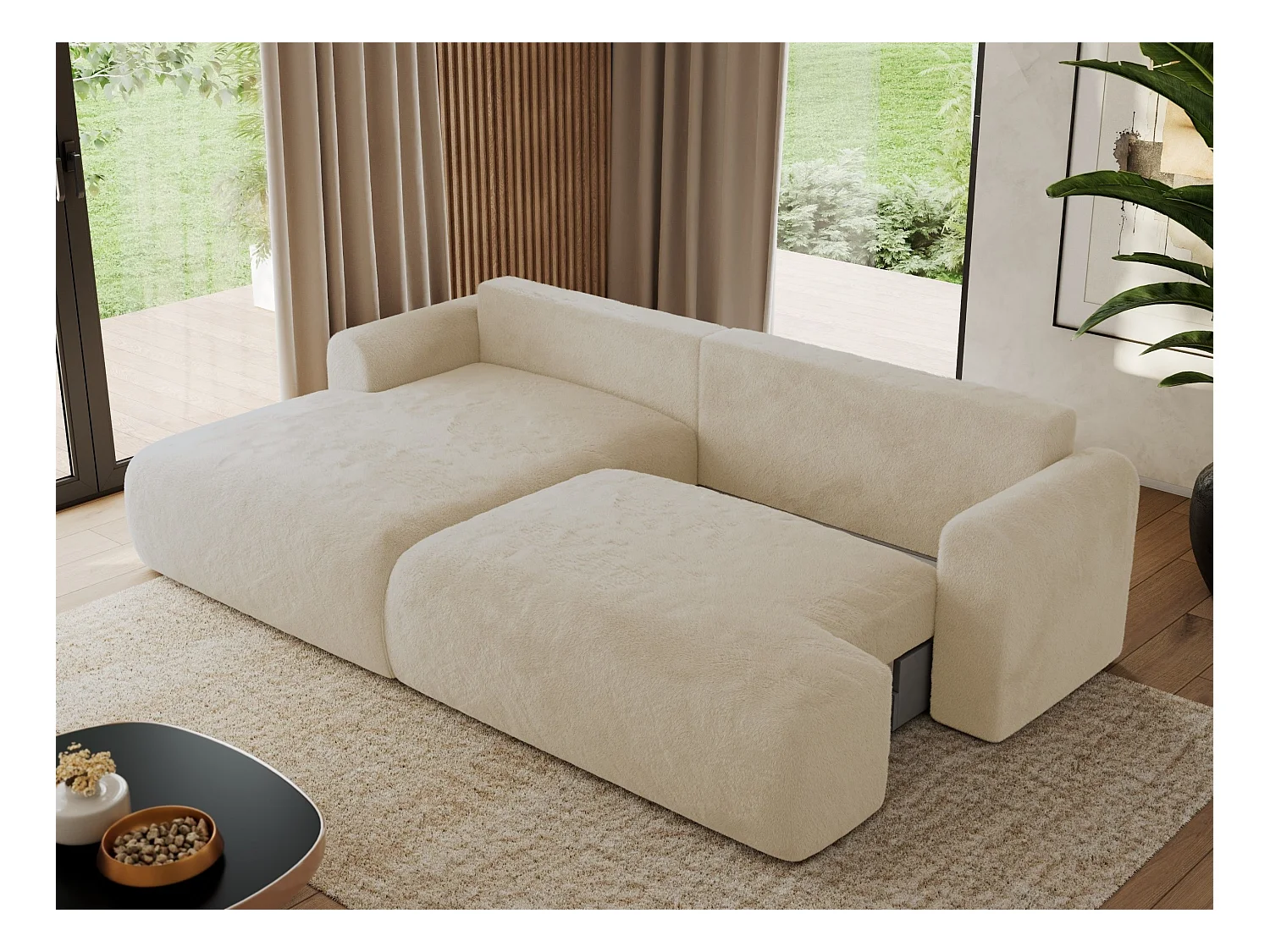 Ecksofa TONO - mit Schlaffunktion und Bettkasten, L-form Ecke, Armlehnen - Creme Plüsch - Ecke Links