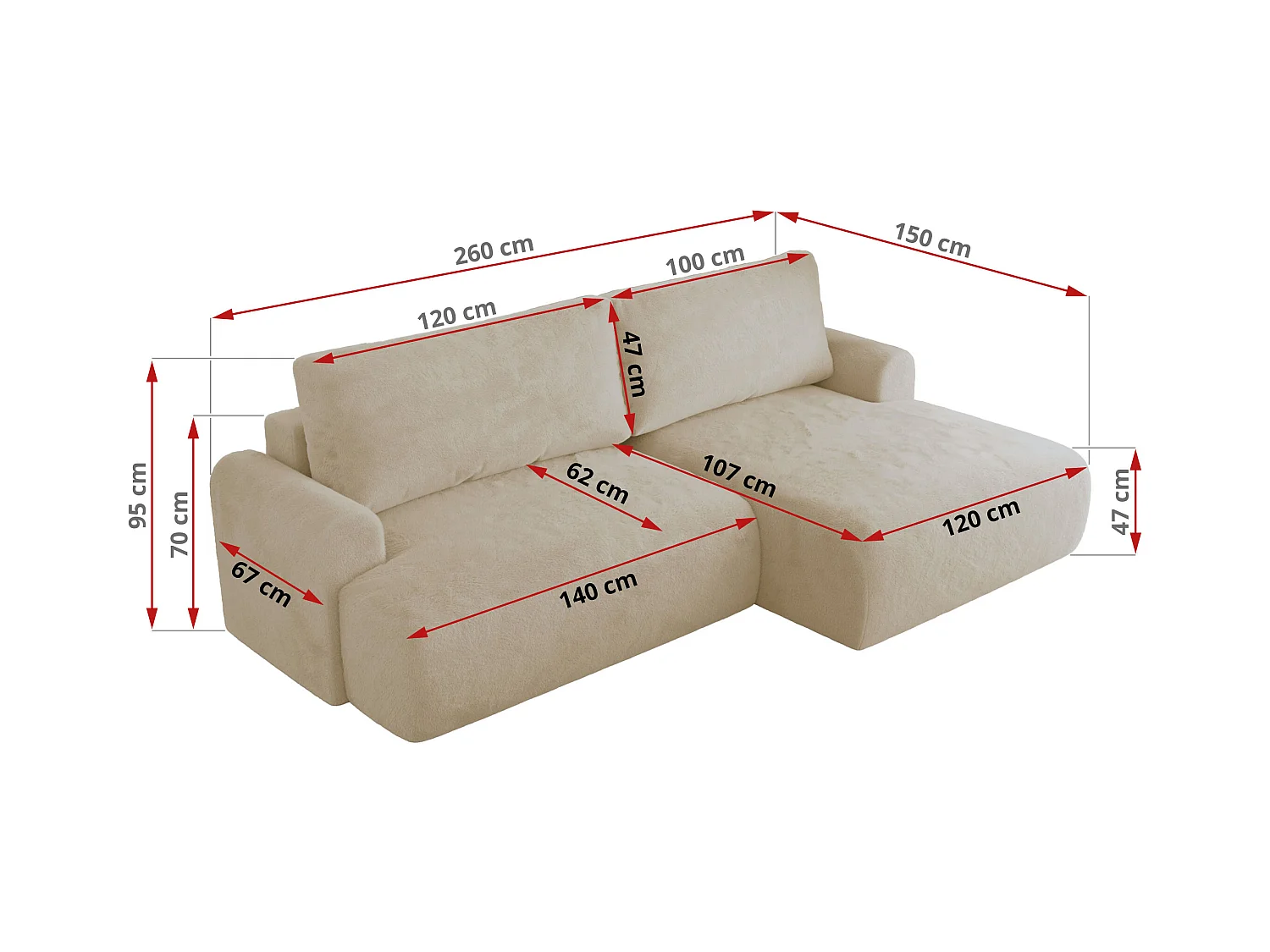 Ecksofa TONO - mit Schlaffunktion und Bettkasten, L-form Ecke, Armlehnen - Creme Plüsch - Ecke Links