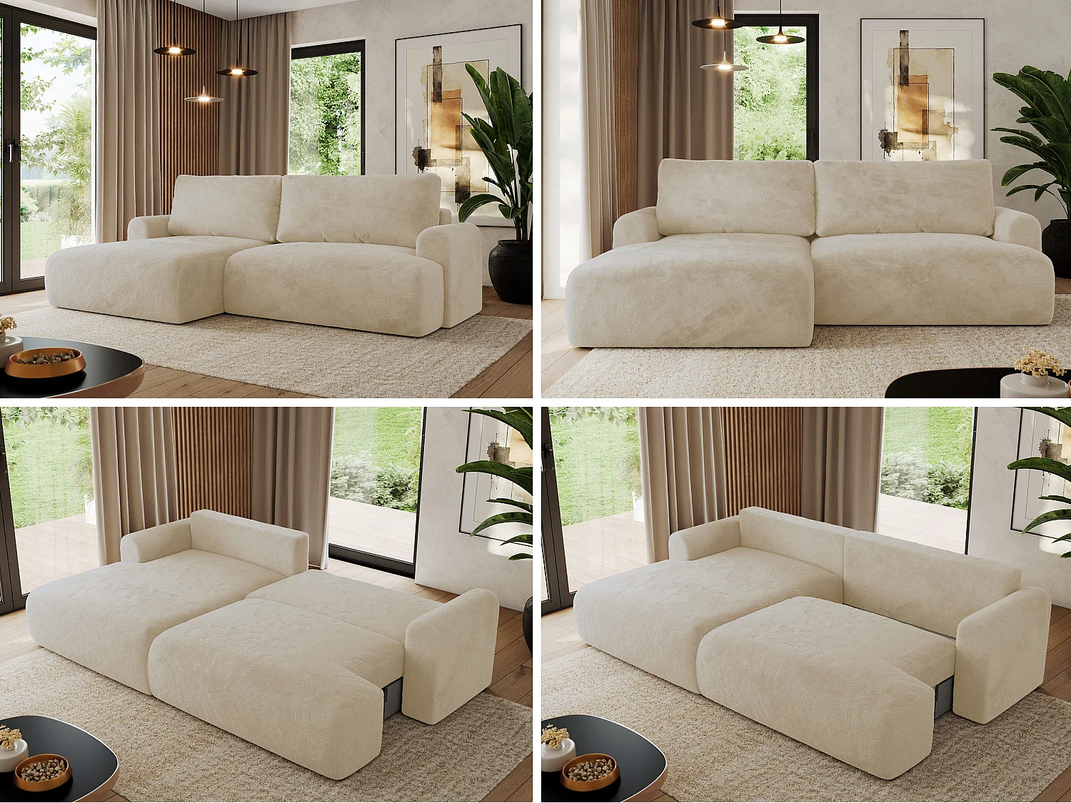 Ecksofa TONO - mit Schlaffunktion und Bettkasten, L-form Ecke, Armlehnen - Creme Plüsch - Ecke Links