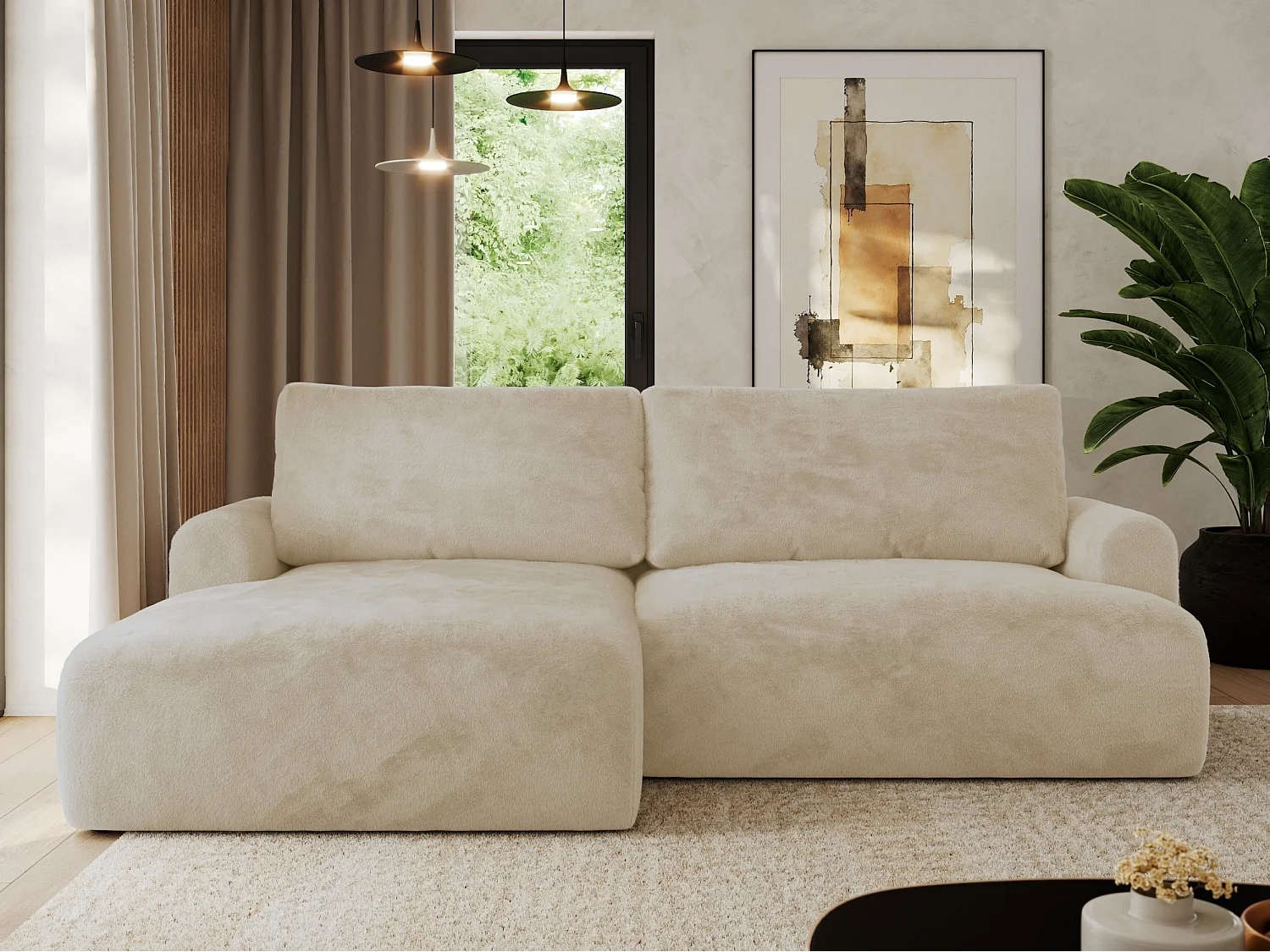 Ecksofa TONO - mit Schlaffunktion und Bettkasten, L-form Ecke, Armlehnen - Creme Plüsch - Ecke Links