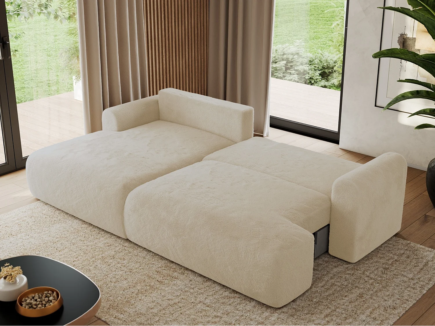 Ecksofa TONO - mit Schlaffunktion und Bettkasten, L-form Ecke, Armlehnen - Creme Plüsch - Ecke Links