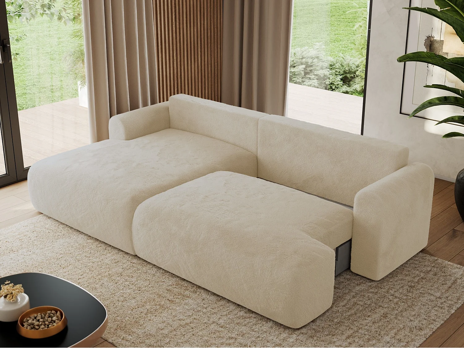 Ecksofa TONO - mit Schlaffunktion und Bettkasten, L-form Ecke, Armlehnen - Creme Plüsch - Ecke Links