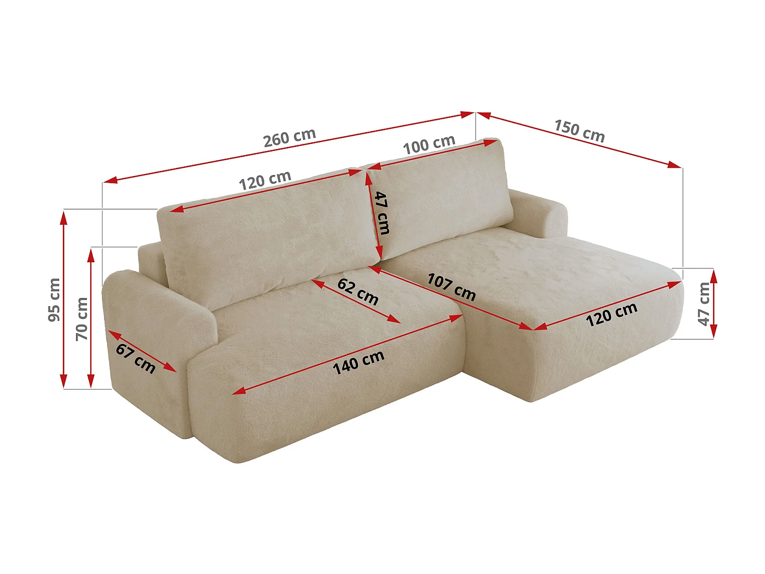 Ecksofa TONO - mit Schlaffunktion und Bettkasten, L-form Ecke, Armlehnen - Creme Plüsch - Ecke Links