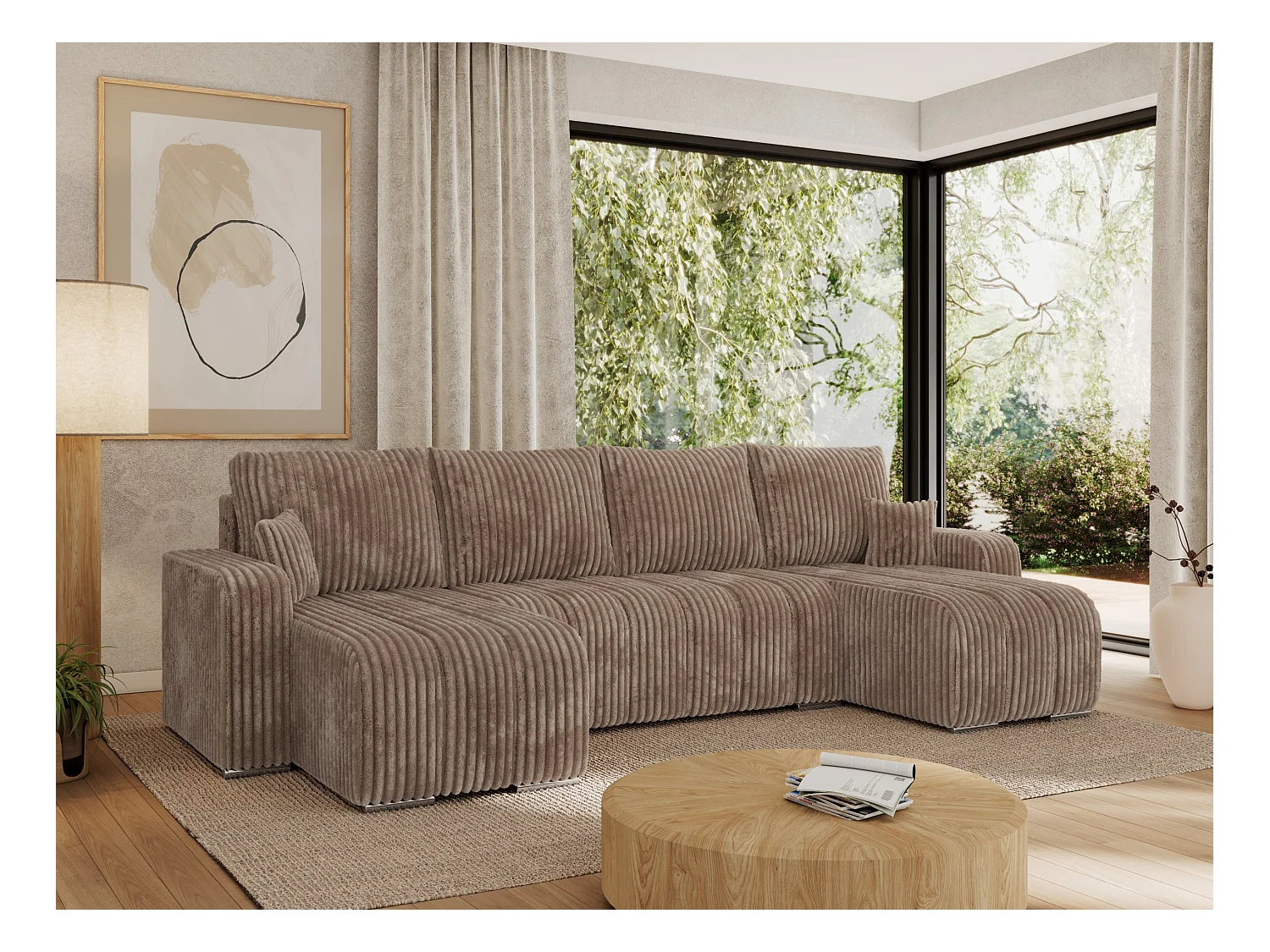 Ecksofa KIRASSO U - Wohnlandschaft, Schlaffunktion und Bettkasten, Couch U-form, lose Kissen - Braun Cord