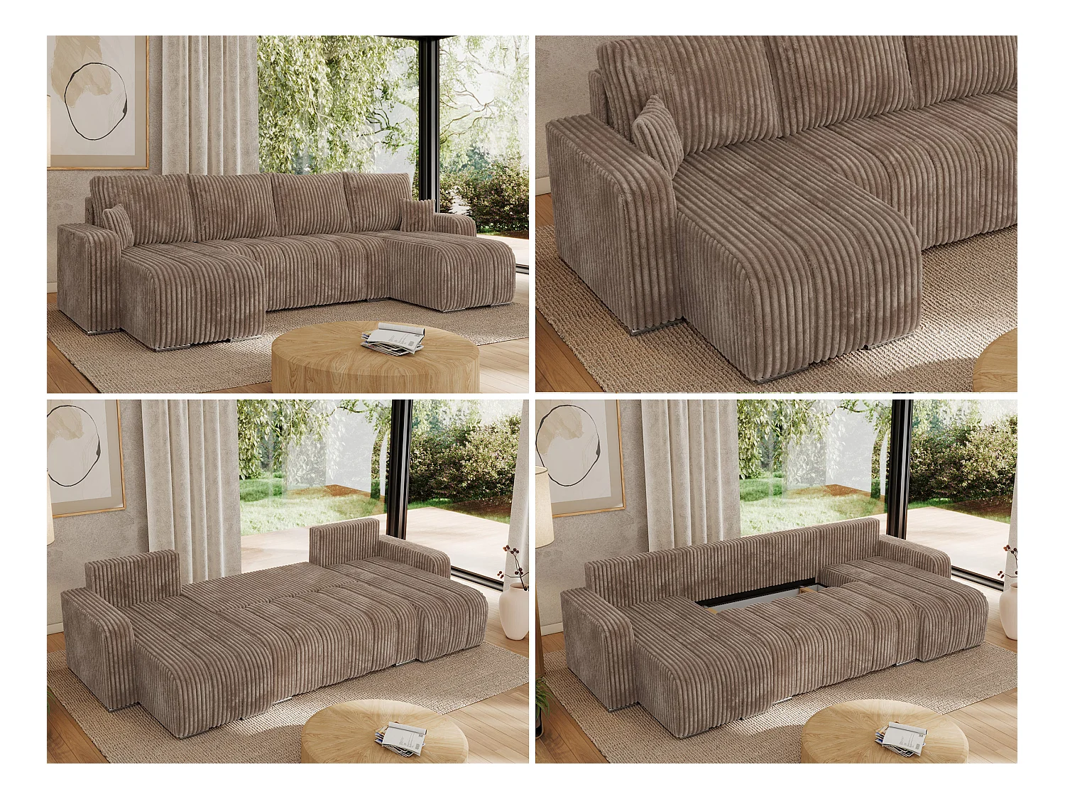 Ecksofa KIRASSO U - Wohnlandschaft, Schlaffunktion und Bettkasten, Couch U-form, lose Kissen - Braun Cord