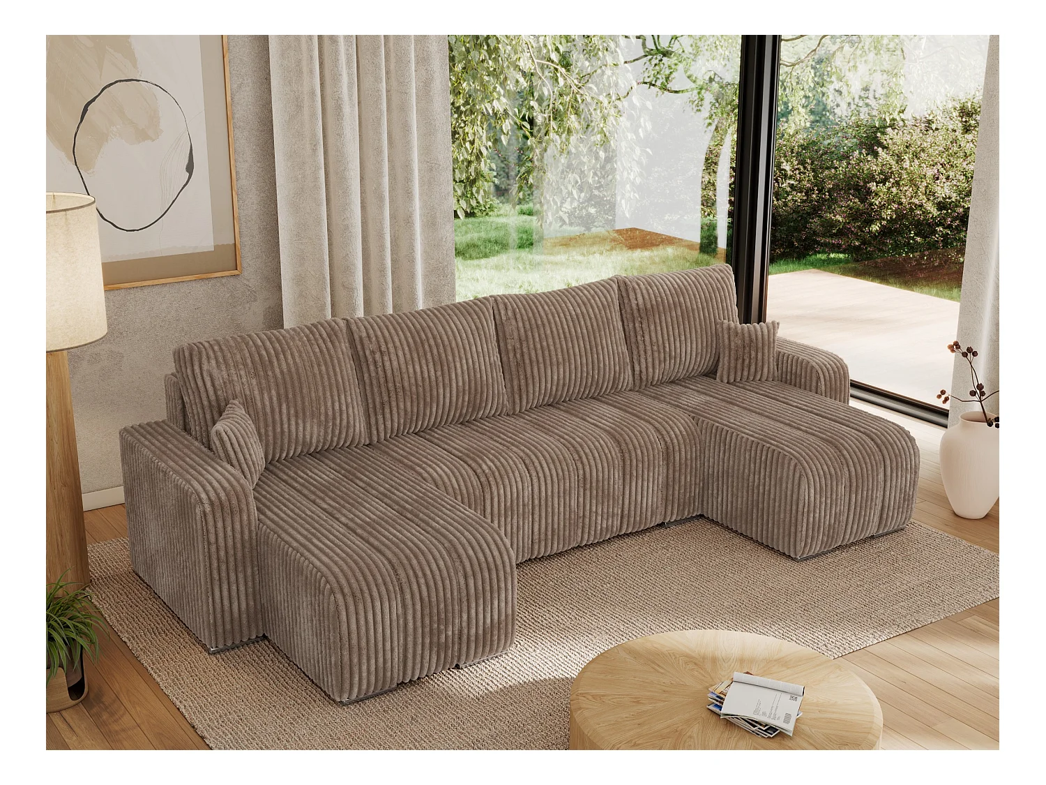 Ecksofa KIRASSO U - Wohnlandschaft, Schlaffunktion und Bettkasten, Couch U-form, lose Kissen - Braun Cord