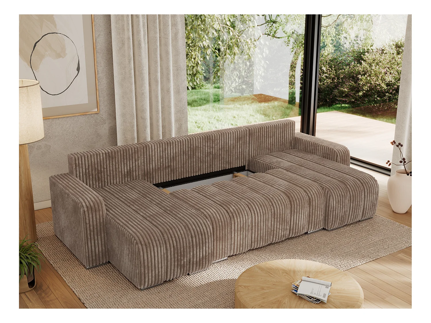 Ecksofa KIRASSO U - Wohnlandschaft, Schlaffunktion und Bettkasten, Couch U-form, lose Kissen - Braun Cord