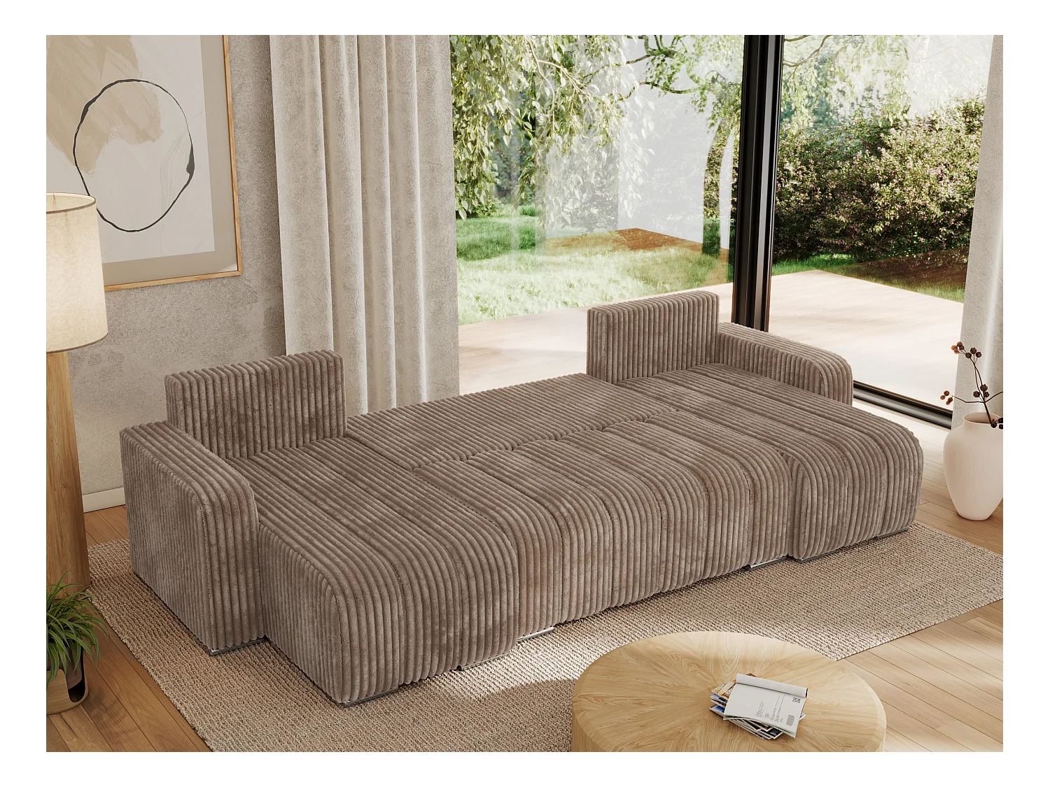 Ecksofa KIRASSO U - Wohnlandschaft, Schlaffunktion und Bettkasten, Couch U-form, lose Kissen - Braun Cord
