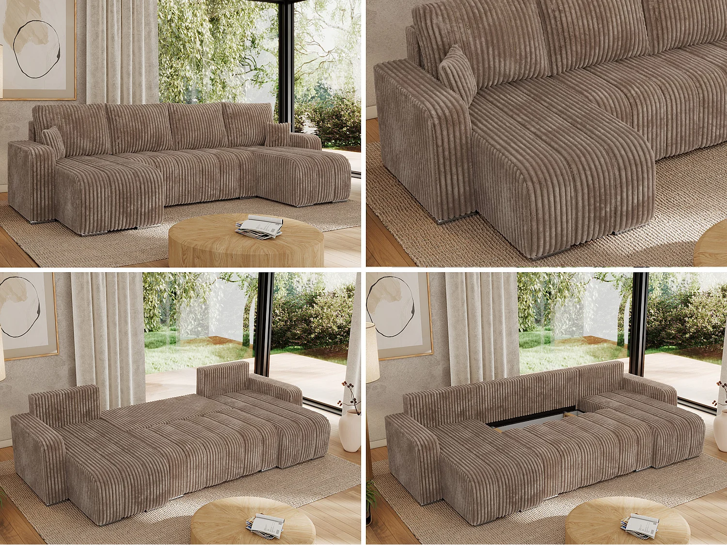 Ecksofa KIRASSO U - Wohnlandschaft, Schlaffunktion und Bettkasten, Couch U-form, lose Kissen - Braun Cord