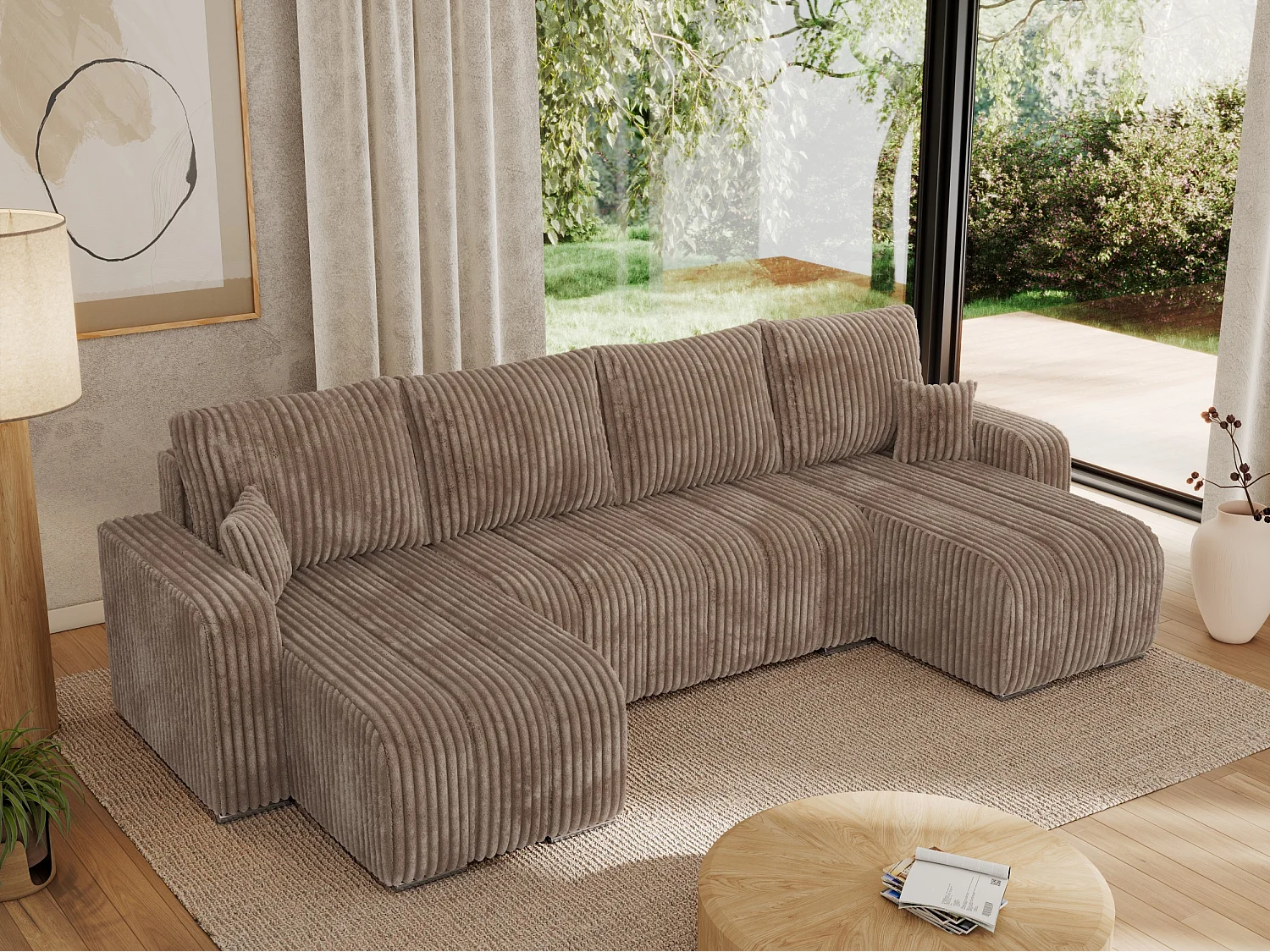 Ecksofa KIRASSO U - Wohnlandschaft, Schlaffunktion und Bettkasten, Couch U-form, lose Kissen - Braun Cord