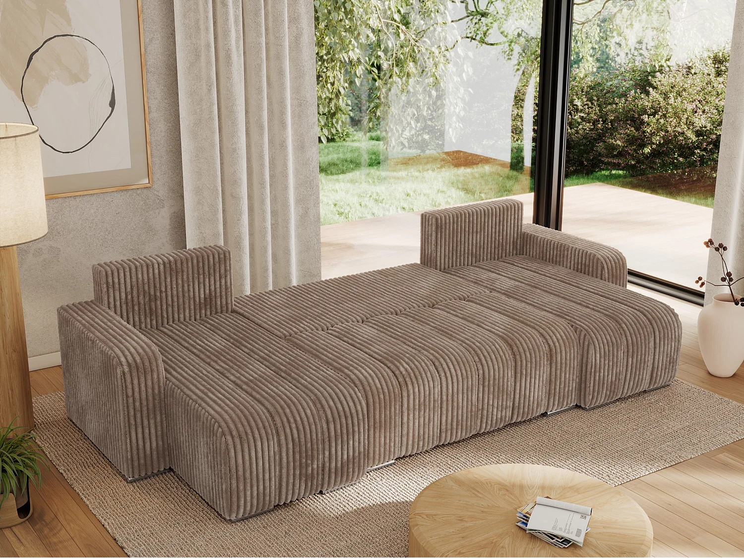 Ecksofa KIRASSO U - Wohnlandschaft, Schlaffunktion und Bettkasten, Couch U-form, lose Kissen - Braun Cord