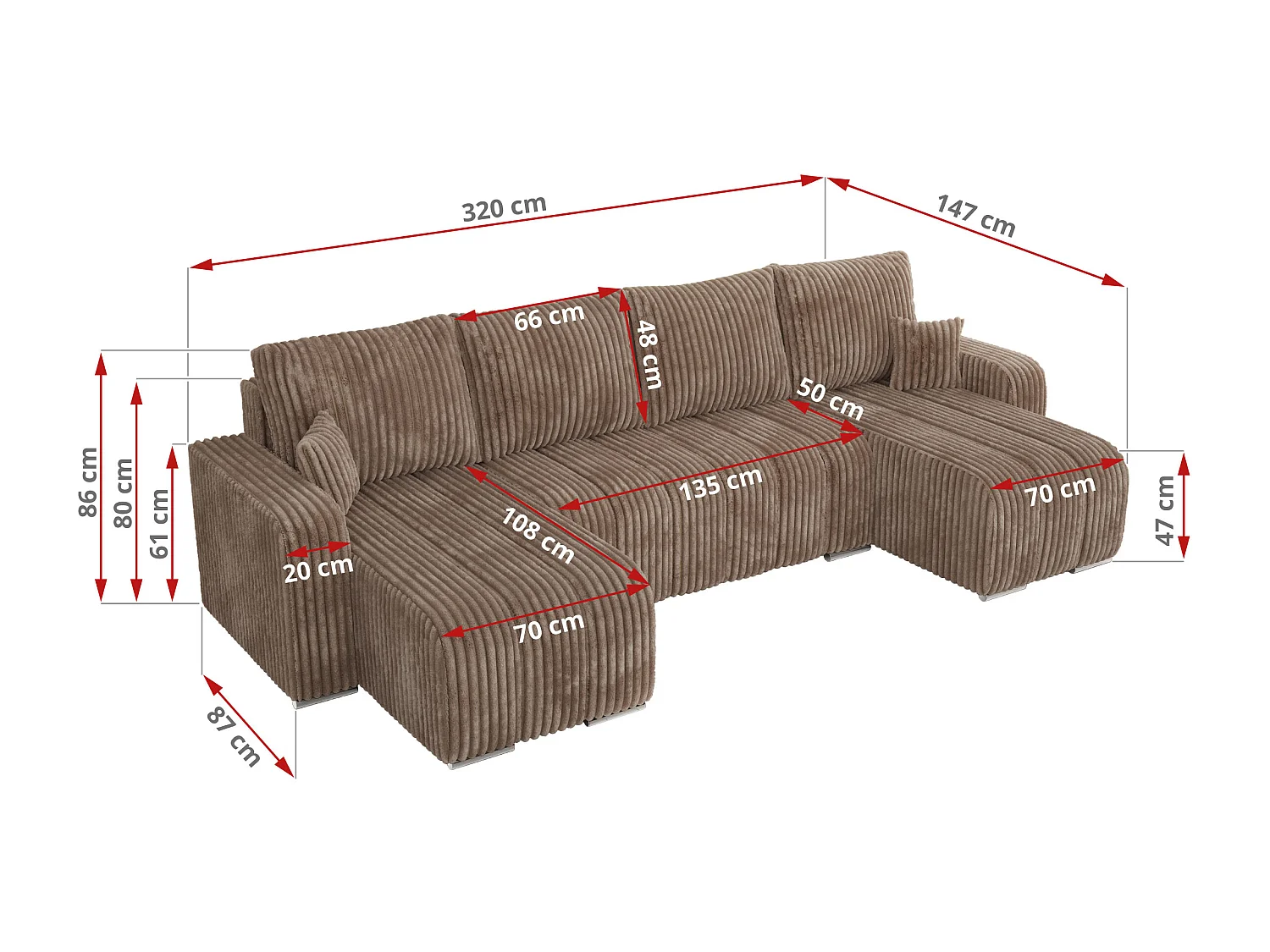 Ecksofa KIRASSO U - Wohnlandschaft, Schlaffunktion und Bettkasten, Couch U-form, lose Kissen - Braun Cord