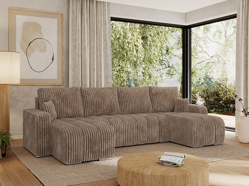 Ecksofa KIRASSO U - Wohnlandschaft, Schlaffunktion und Bettkasten, Couch U-form, lose Kissen - Braun Cord