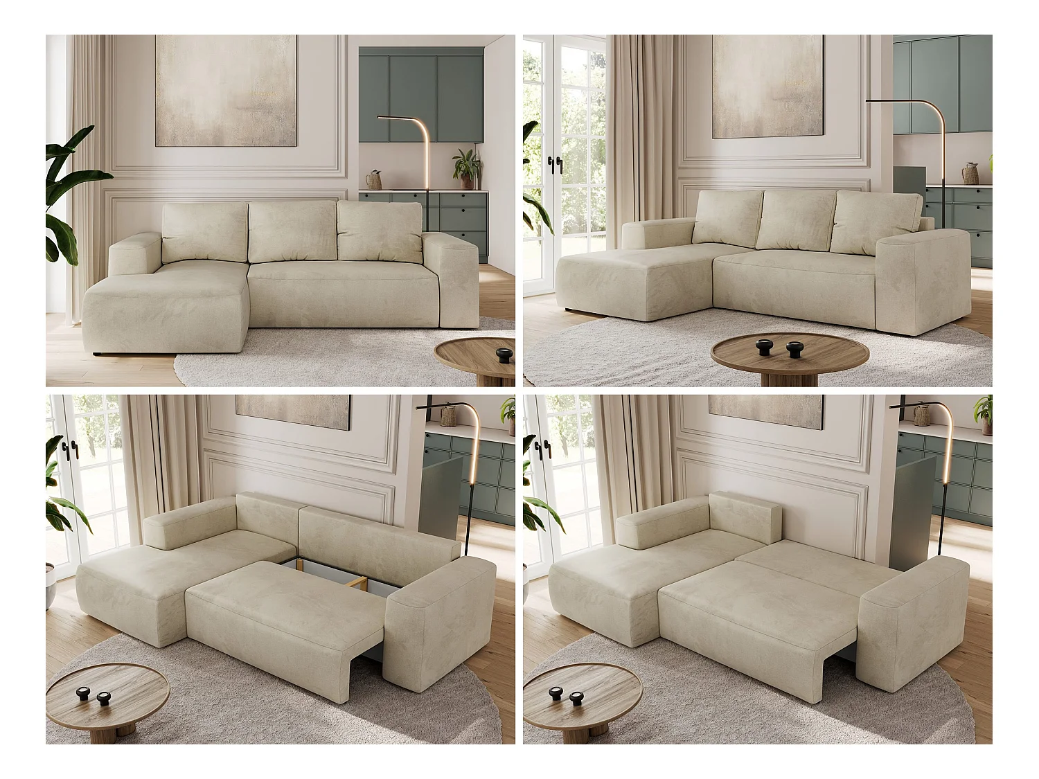 Ecksofa TRENTINO - mit Schlaffunktion und Bettkasten, L-form Couch, lose Kissen und Armlehnen - Beige Velvet - Ecke Links
