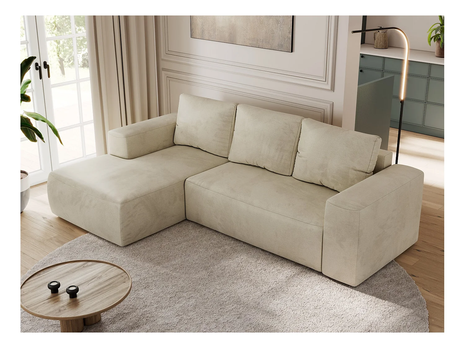 Ecksofa TRENTINO - mit Schlaffunktion und Bettkasten, L-form Couch, lose Kissen und Armlehnen - Beige Velvet - Ecke Links