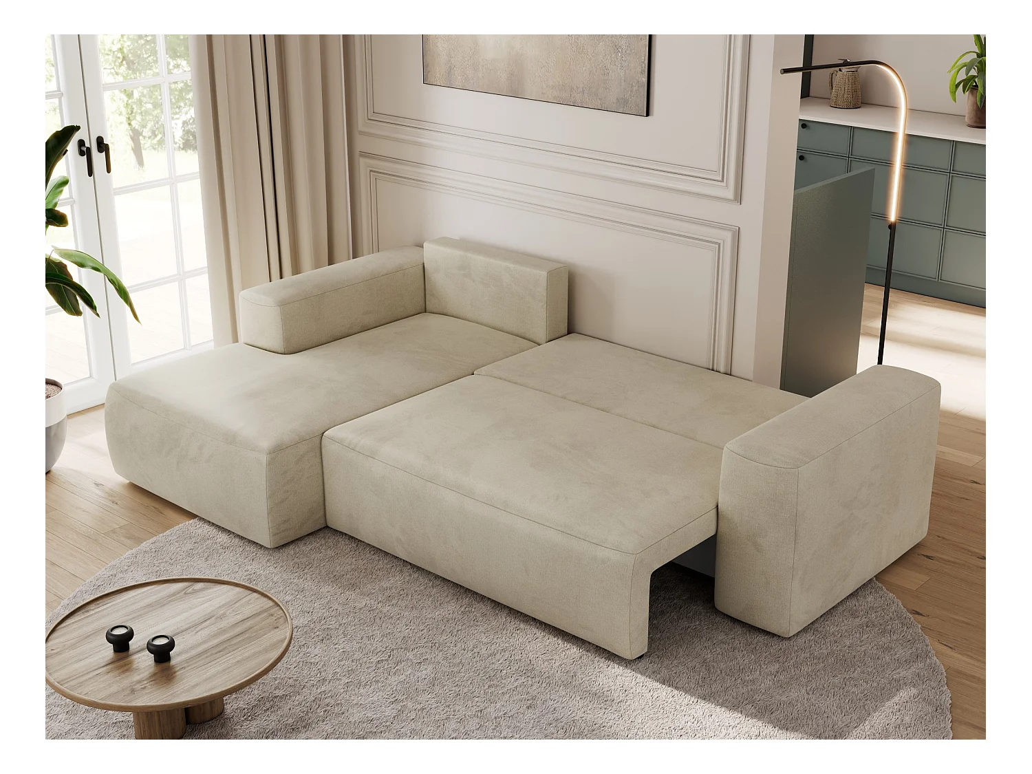 Ecksofa TRENTINO - mit Schlaffunktion und Bettkasten, L-form Couch, lose Kissen und Armlehnen - Beige Velvet - Ecke Links