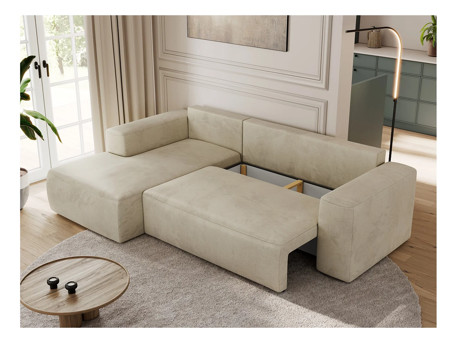 Ecksofa TRENTINO - mit Schlaffunktion und Bettkasten, L-form Couch, lose Kissen und Armlehnen - Beige Velvet - Ecke Links