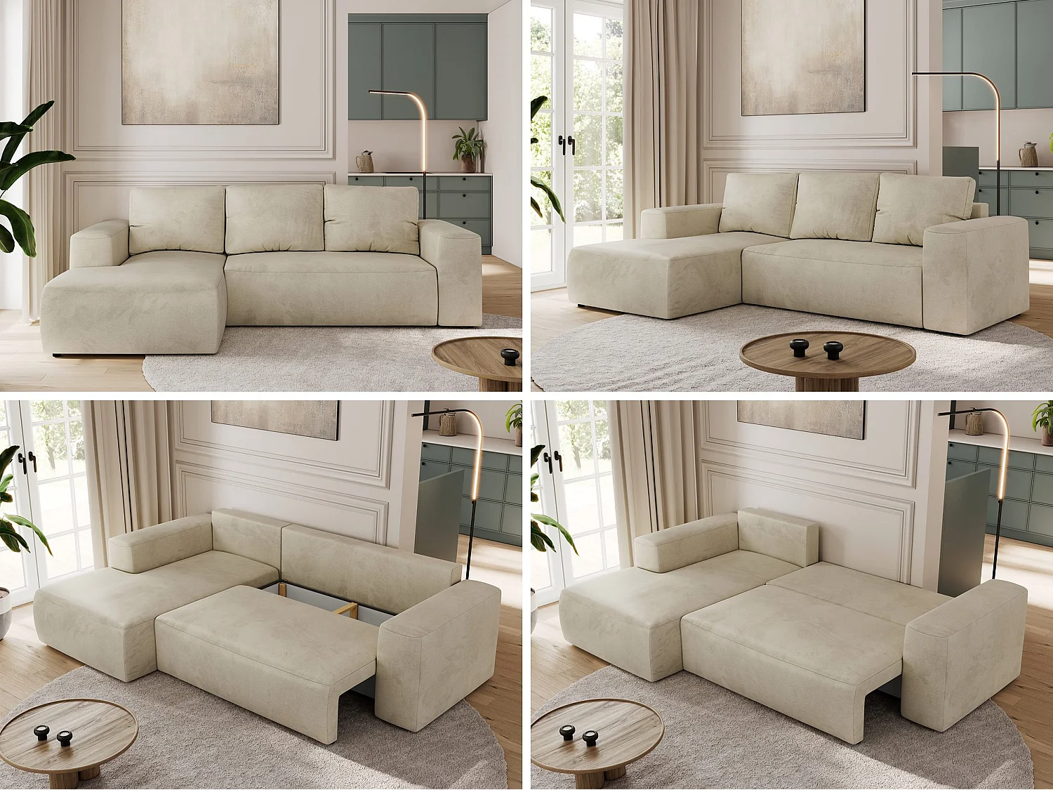 Ecksofa TRENTINO - mit Schlaffunktion und Bettkasten, L-form Couch, lose Kissen und Armlehnen - Beige Velvet - Ecke Links