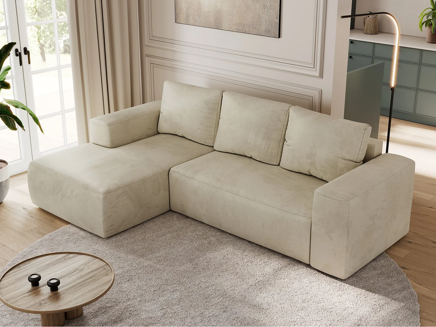 Ecksofa TRENTINO - mit Schlaffunktion und Bettkasten, L-form Couch, lose Kissen und Armlehnen - Beige Velvet - Ecke Links