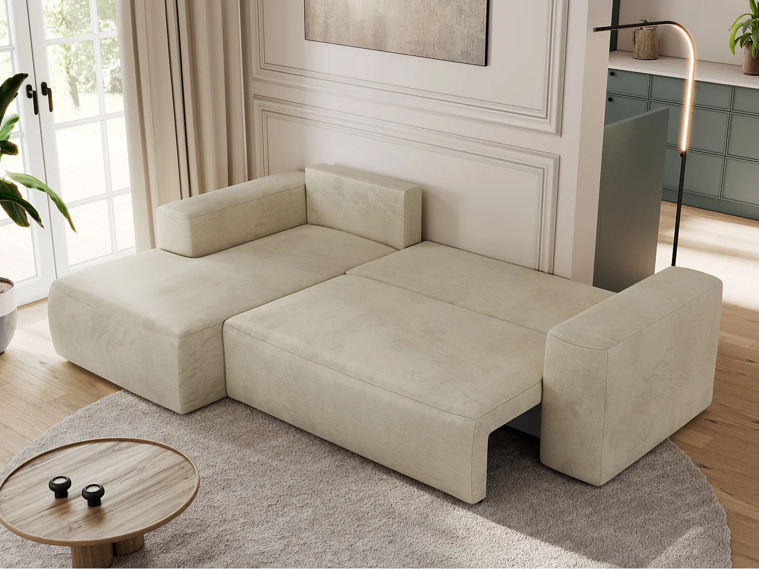 Ecksofa TRENTINO - mit Schlaffunktion und Bettkasten, L-form Couch, lose Kissen und Armlehnen - Beige Velvet - Ecke Links