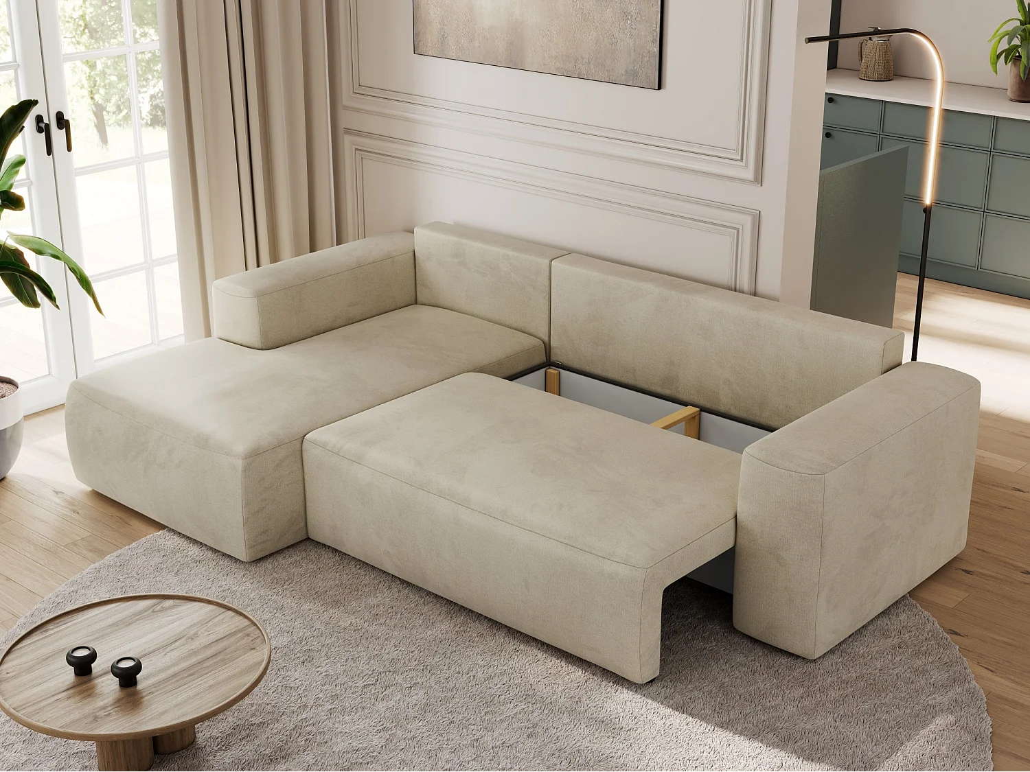 Ecksofa TRENTINO - mit Schlaffunktion und Bettkasten, L-form Couch, lose Kissen und Armlehnen - Beige Velvet - Ecke Links