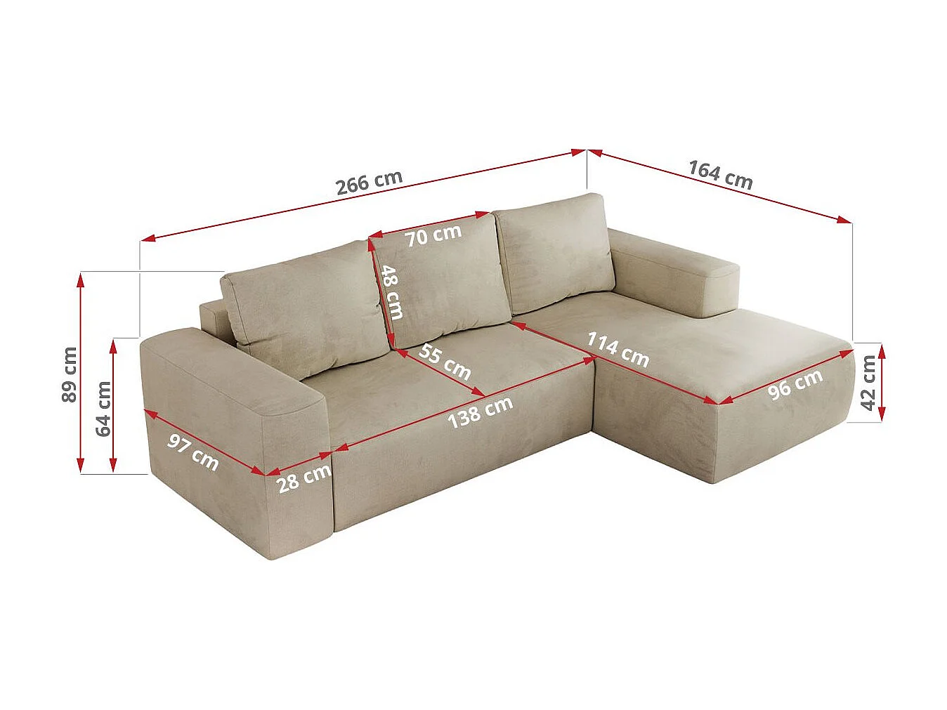 Ecksofa TRENTINO - mit Schlaffunktion und Bettkasten, L-form Couch, lose Kissen und Armlehnen - Beige Velvet - Ecke Links