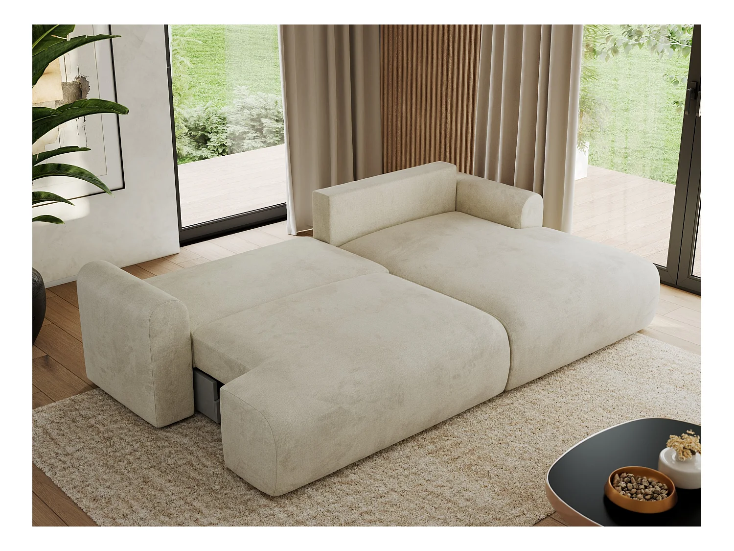 Ecksofa TONO - mit Schlaffunktion und Bettkasten, L-form Ecke, Armlehnen - Beige Velvet - Ecke Rechts