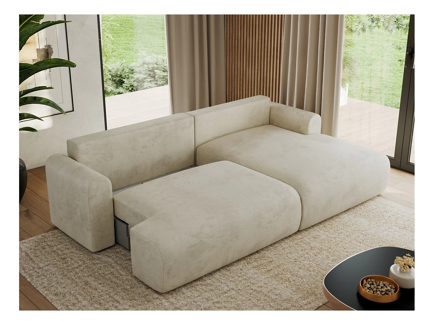 Ecksofa TONO - mit Schlaffunktion und Bettkasten, L-form Ecke, Armlehnen - Beige Velvet - Ecke Rechts