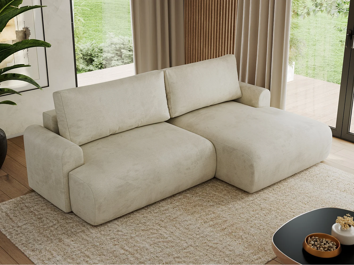 Ecksofa TONO - mit Schlaffunktion und Bettkasten, L-form Ecke, Armlehnen - Beige Velvet - Ecke Rechts