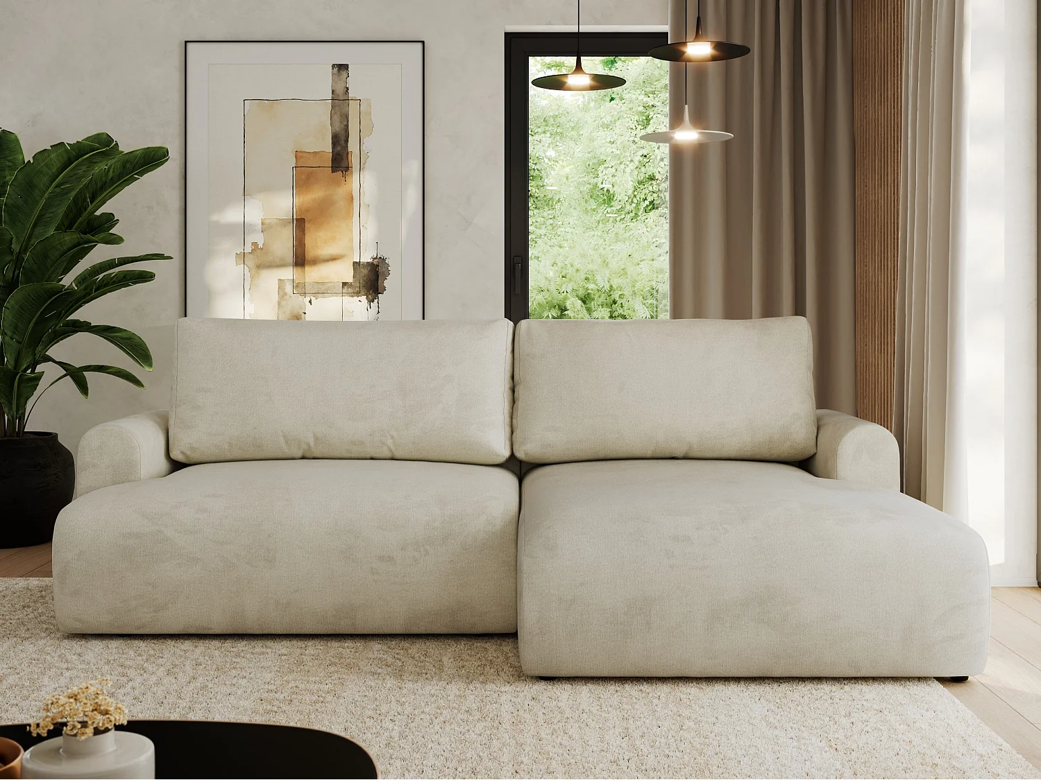 Ecksofa TONO - mit Schlaffunktion und Bettkasten, L-form Ecke, Armlehnen - Beige Velvet - Ecke Rechts