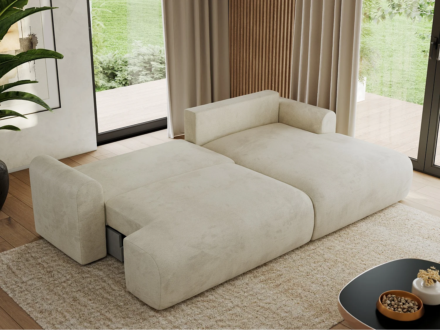 Ecksofa TONO - mit Schlaffunktion und Bettkasten, L-form Ecke, Armlehnen - Beige Velvet - Ecke Rechts