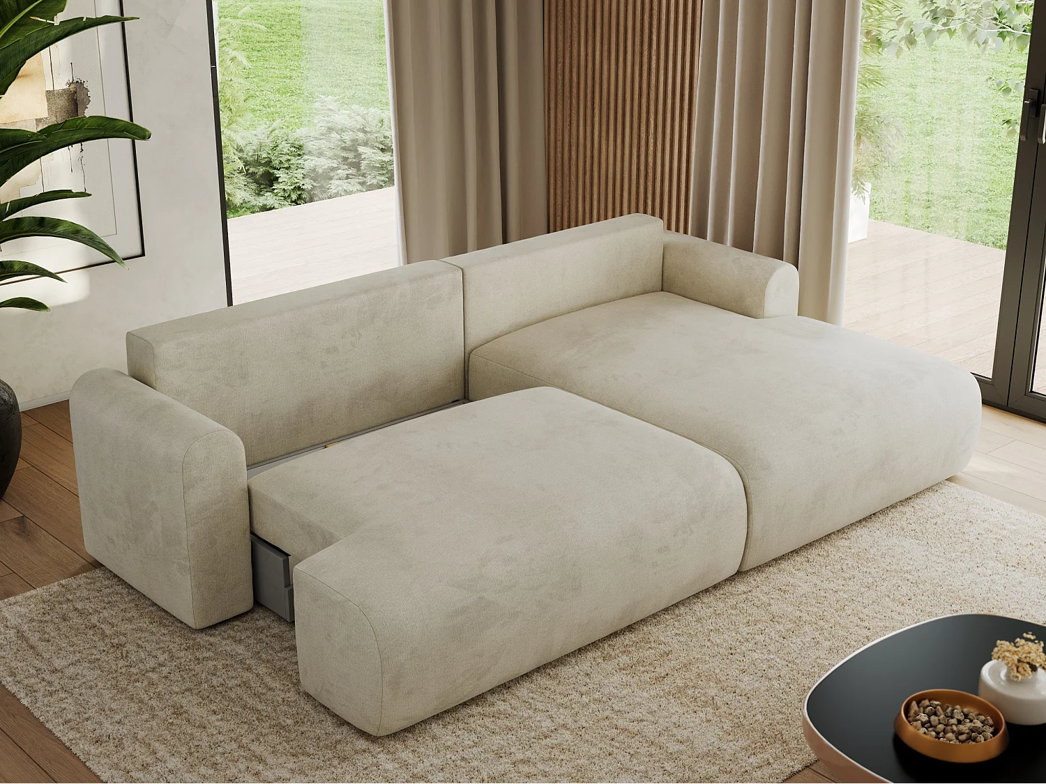 Ecksofa TONO - mit Schlaffunktion und Bettkasten, L-form Ecke, Armlehnen - Beige Velvet - Ecke Rechts