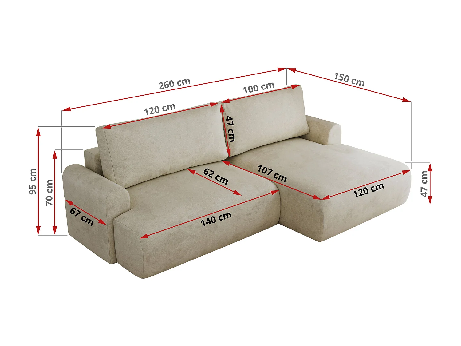 Ecksofa TONO - mit Schlaffunktion und Bettkasten, L-form Ecke, Armlehnen - Beige Velvet - Ecke Rechts