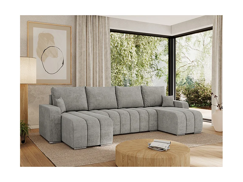 Ecksofa KIRASSO U - Wohnlandschaft, Schlaffunktion und Bettkasten, Couch U-form, lose Kissen - Hellgrau Strukture