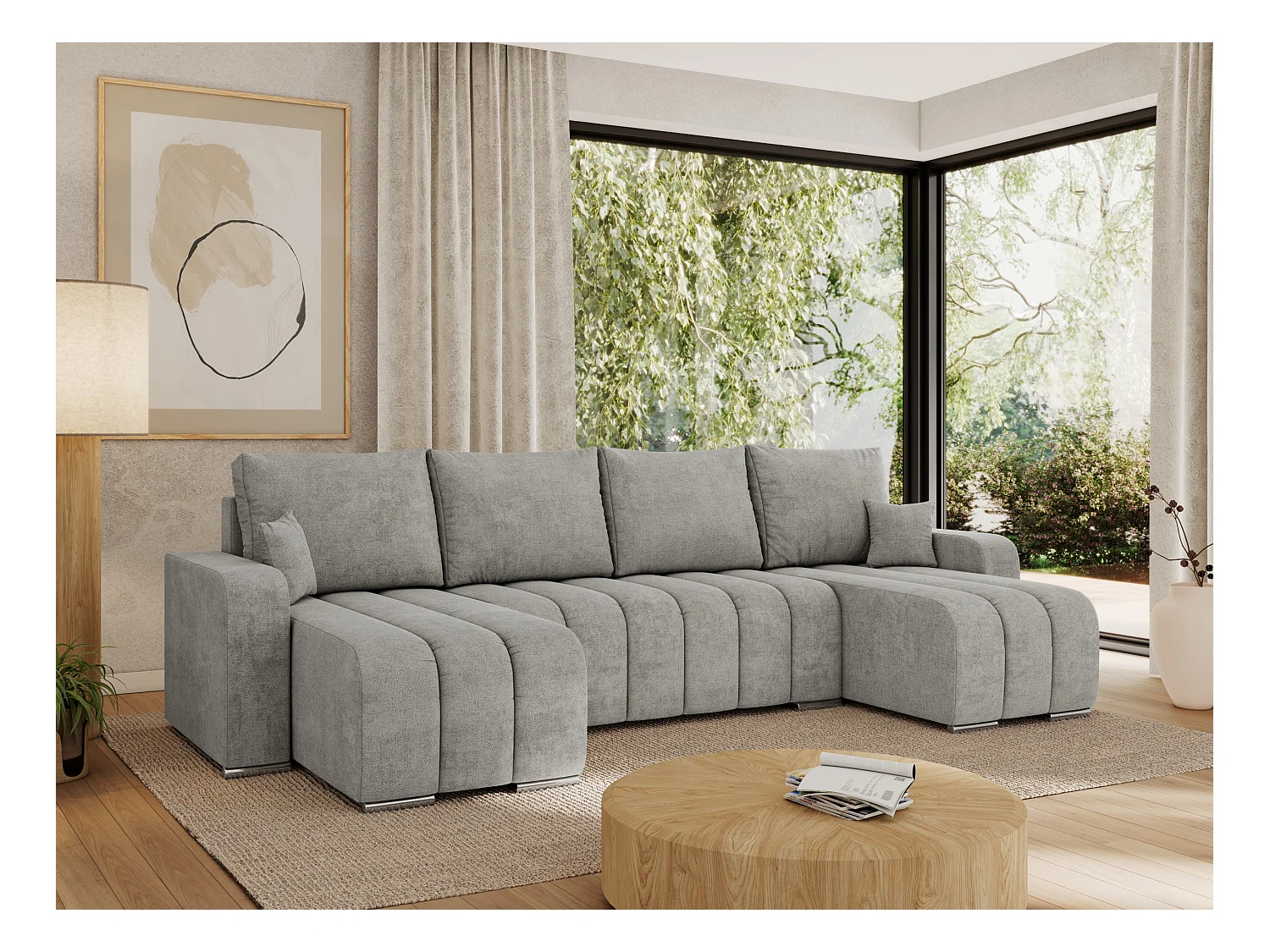 Ecksofa KIRASSO U - Wohnlandschaft, Schlaffunktion und Bettkasten, Couch U-form, lose Kissen - Hellgrau Strukture