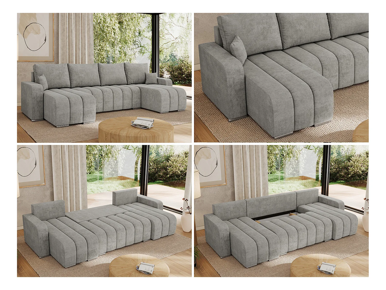 Ecksofa KIRASSO U - Wohnlandschaft, Schlaffunktion und Bettkasten, Couch U-form, lose Kissen - Hellgrau Strukture