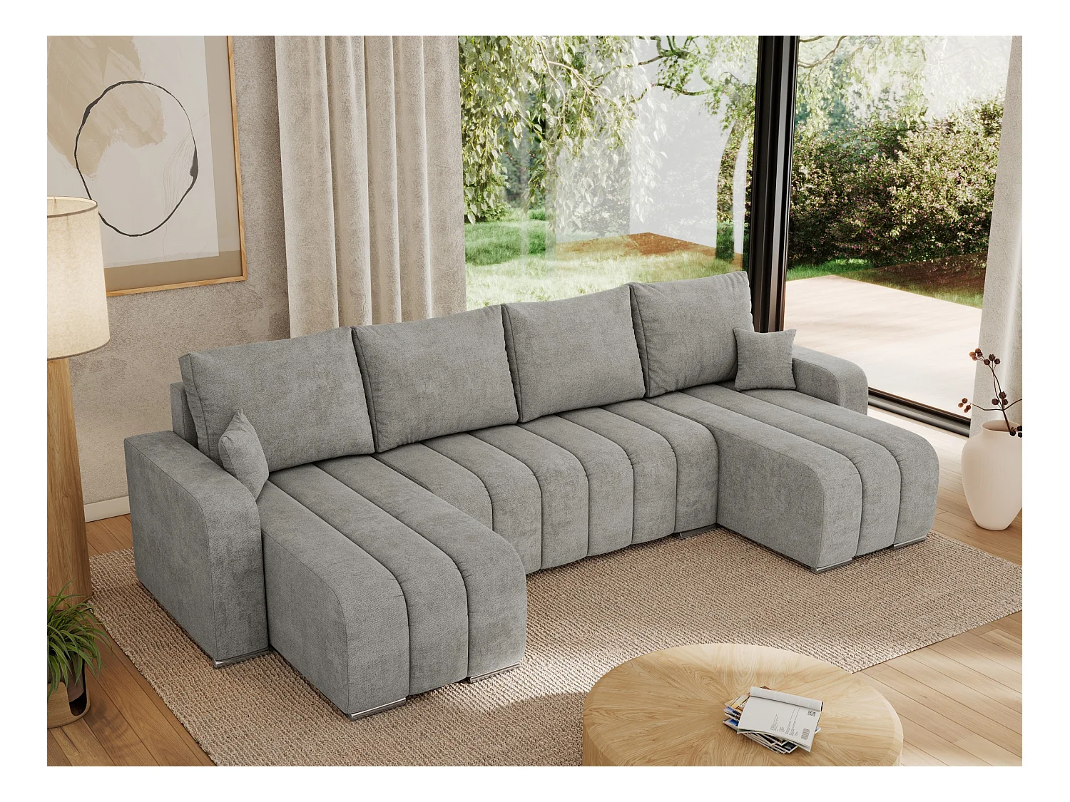 Ecksofa KIRASSO U - Wohnlandschaft, Schlaffunktion und Bettkasten, Couch U-form, lose Kissen - Hellgrau Strukture
