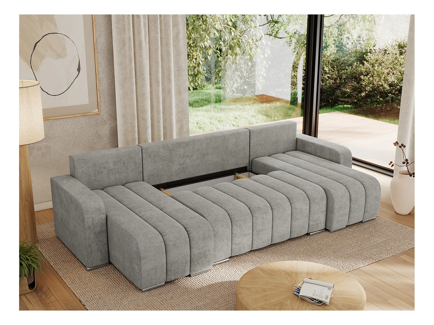 Ecksofa KIRASSO U - Wohnlandschaft, Schlaffunktion und Bettkasten, Couch U-form, lose Kissen - Hellgrau Strukture