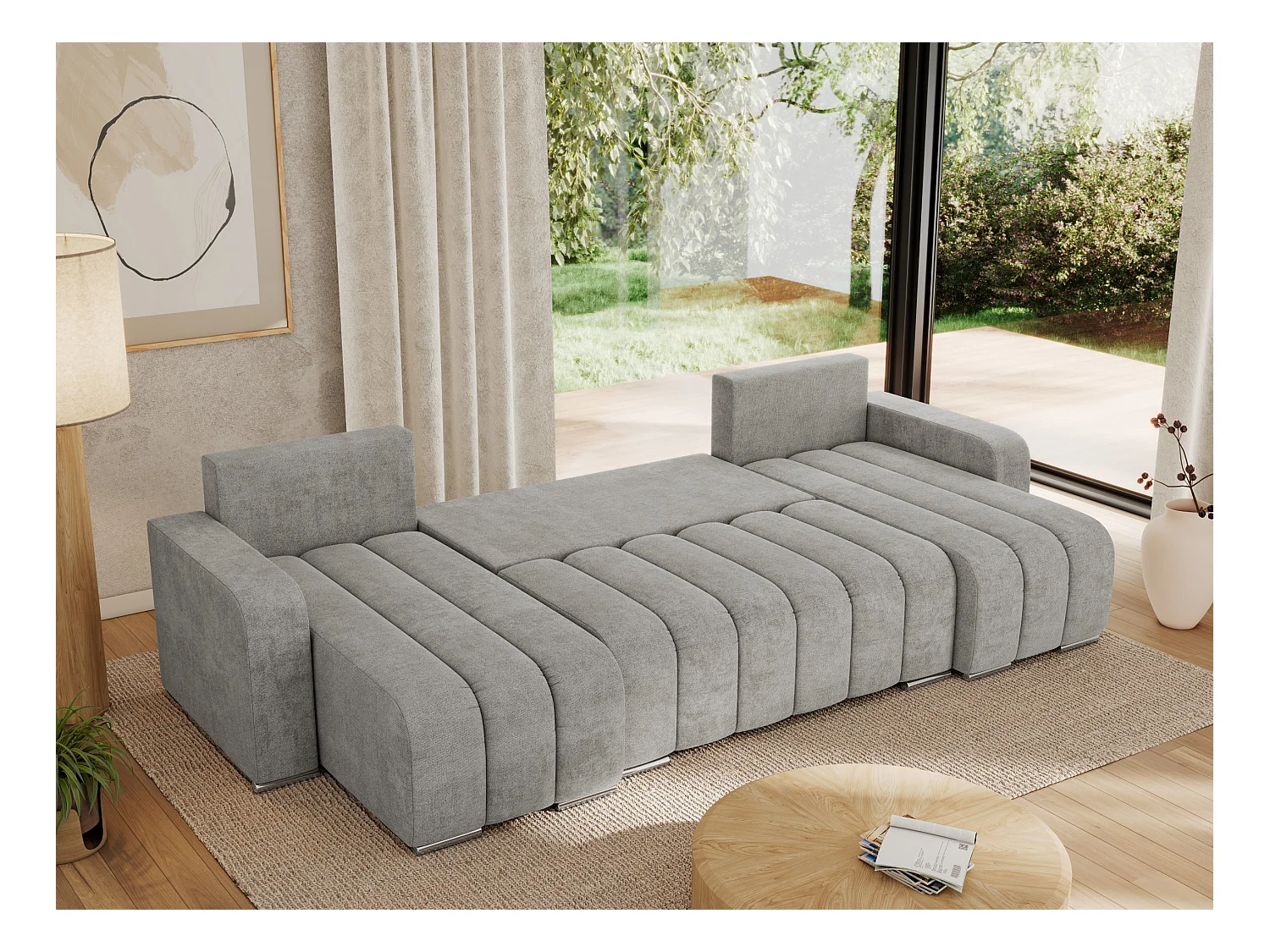 Ecksofa KIRASSO U - Wohnlandschaft, Schlaffunktion und Bettkasten, Couch U-form, lose Kissen - Hellgrau Strukture