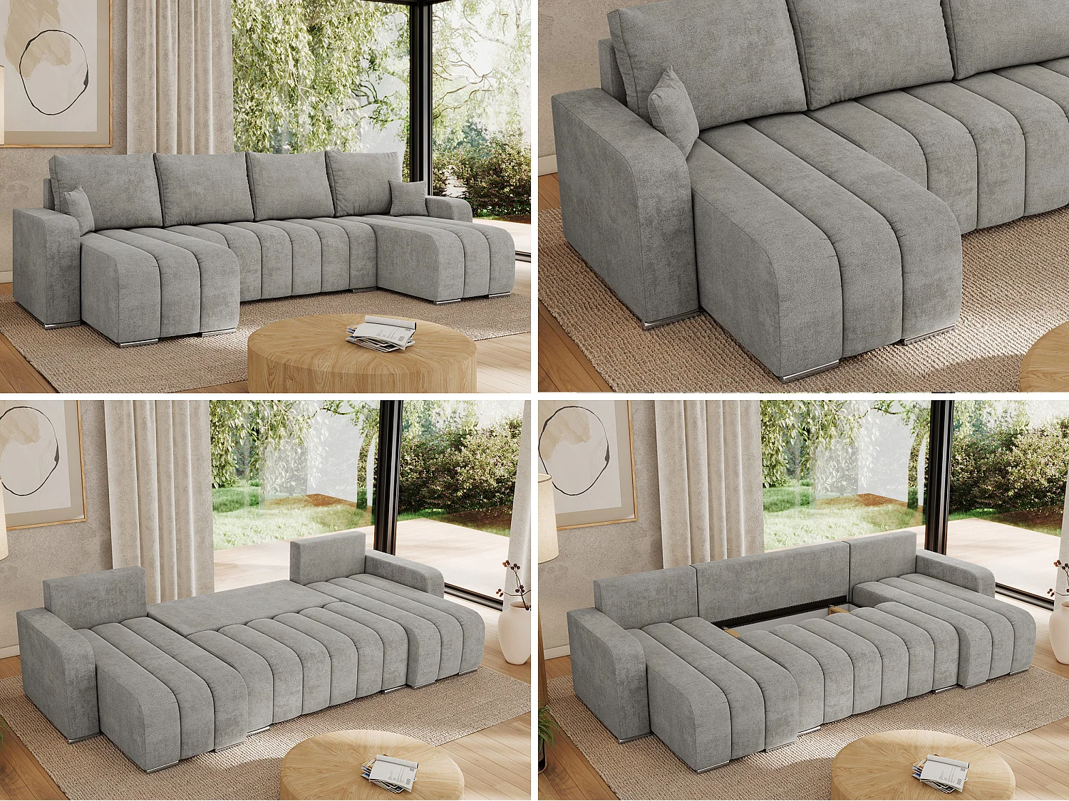 Ecksofa KIRASSO U - Wohnlandschaft, Schlaffunktion und Bettkasten, Couch U-form, lose Kissen - Hellgrau Strukture