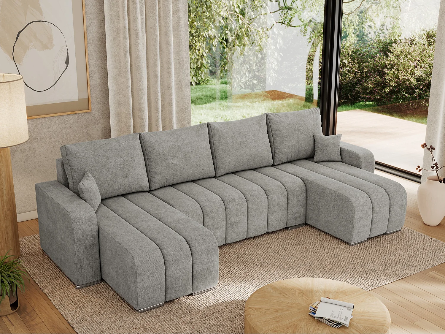 Ecksofa KIRASSO U - Wohnlandschaft, Schlaffunktion und Bettkasten, Couch U-form, lose Kissen - Hellgrau Strukture