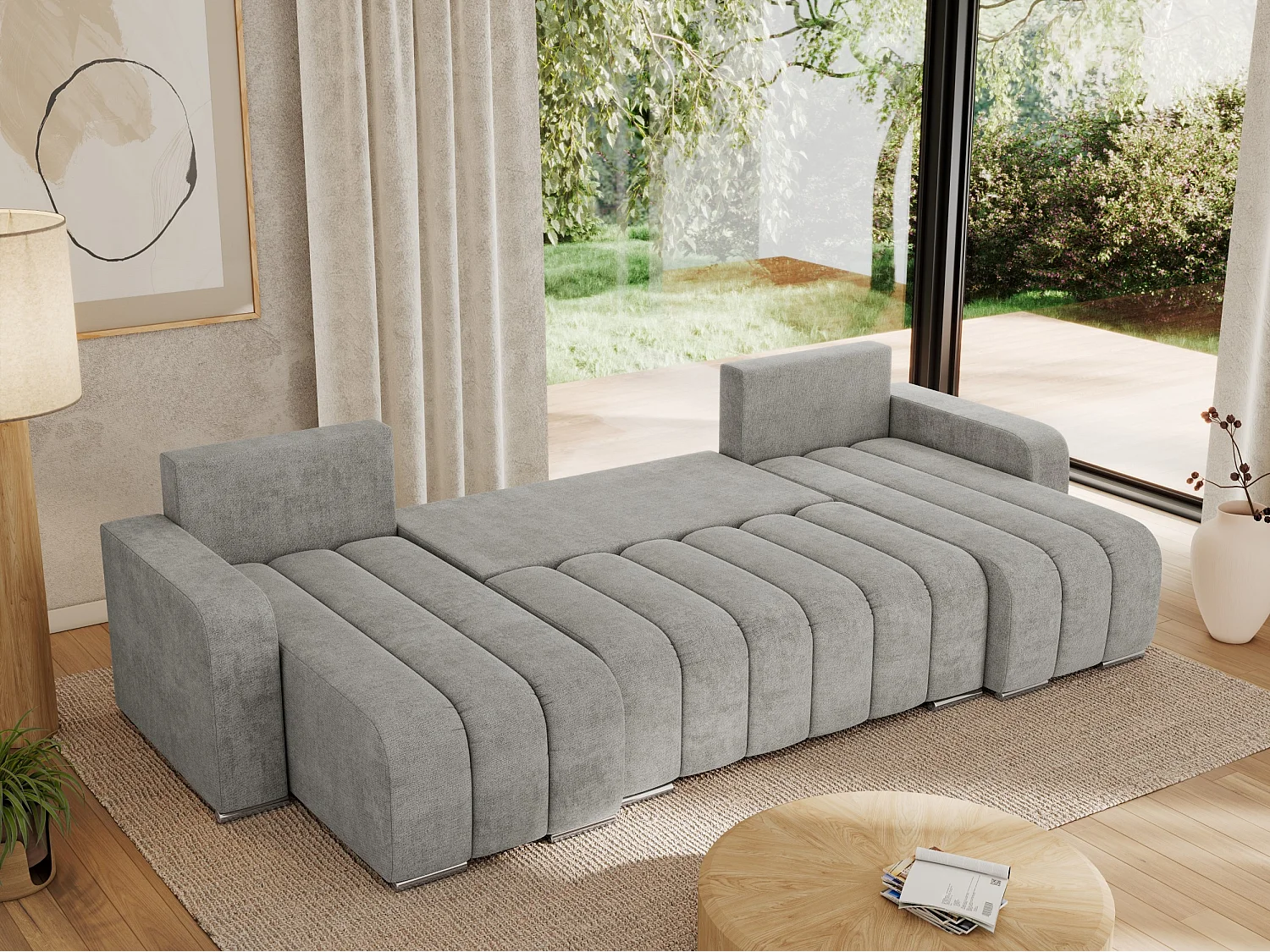 Ecksofa KIRASSO U - Wohnlandschaft, Schlaffunktion und Bettkasten, Couch U-form, lose Kissen - Hellgrau Strukture