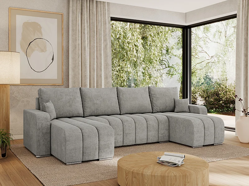 Ecksofa KIRASSO U - Wohnlandschaft, Schlaffunktion und Bettkasten, Couch U-form, lose Kissen - Hellgrau Strukture