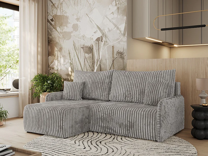 Ecksofa ARPA - L-form Schlaffsofa, Bettkasten und lose Kissen, Armlehnen - Grau Cord - Ecke Links