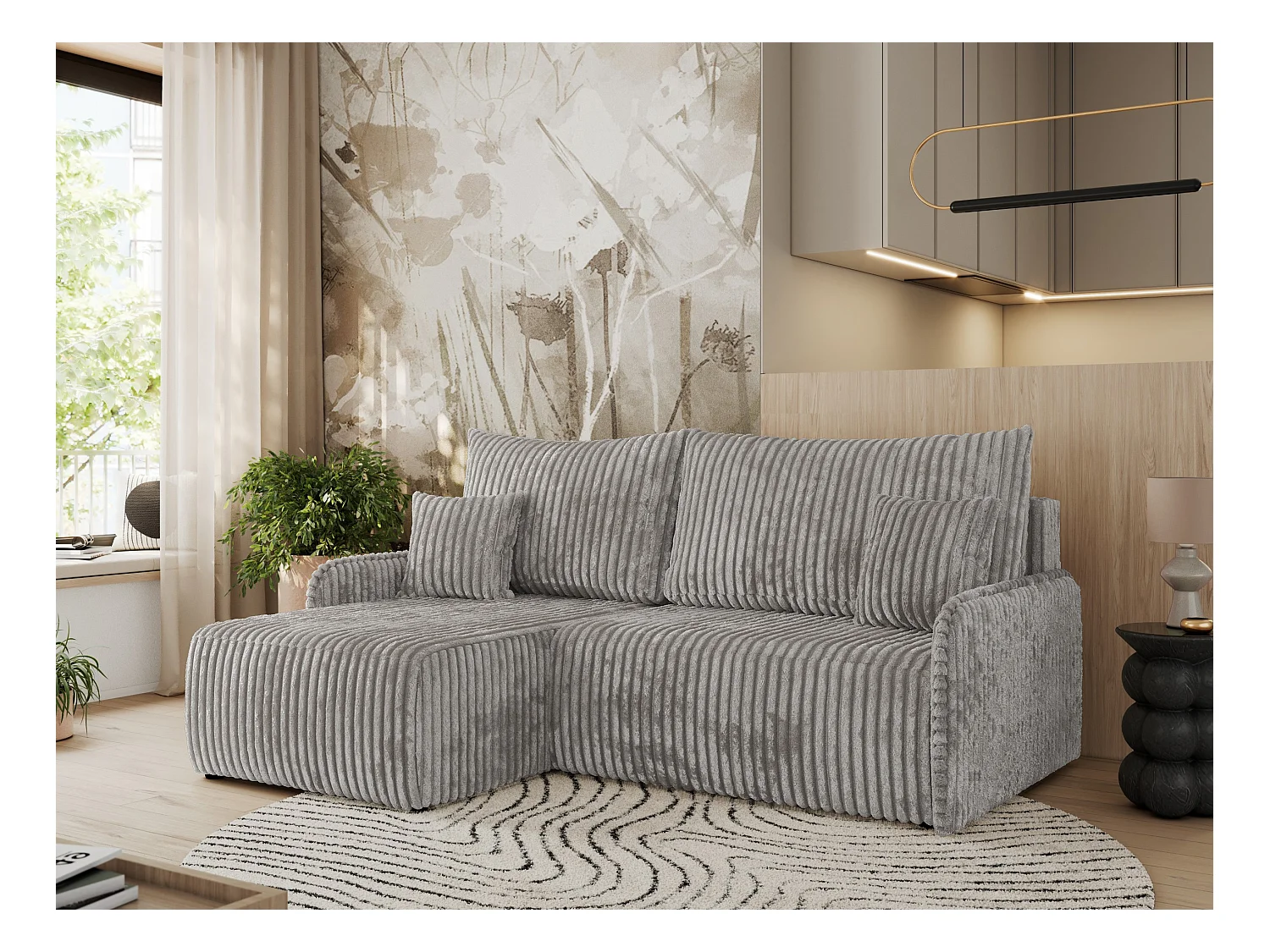 Ecksofa ARPA - L-form Schlaffsofa, Bettkasten und lose Kissen, Armlehnen - Grau Cord - Ecke Links