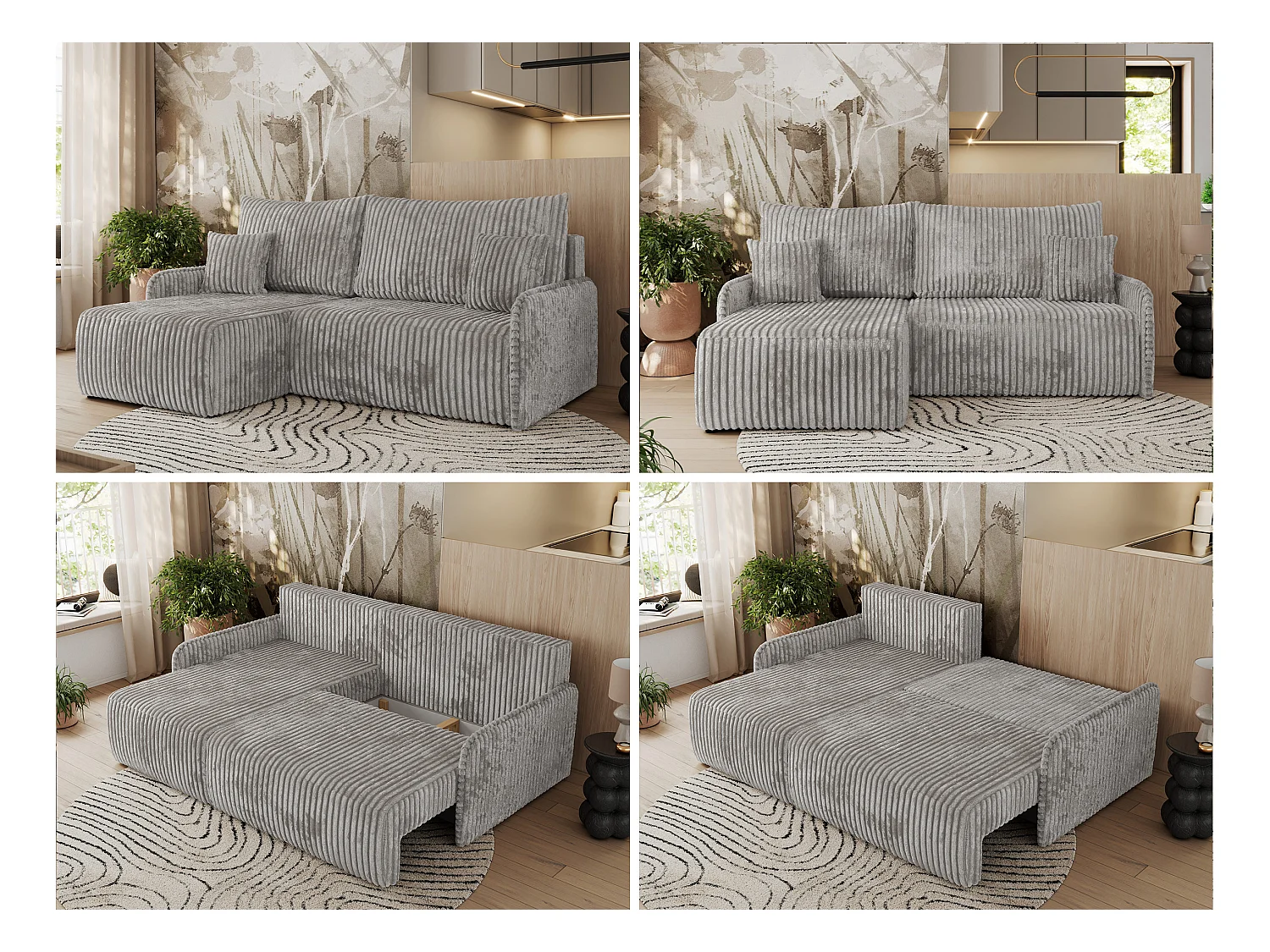 Ecksofa ARPA - L-form Schlaffsofa, Bettkasten und lose Kissen, Armlehnen - Grau Cord - Ecke Links