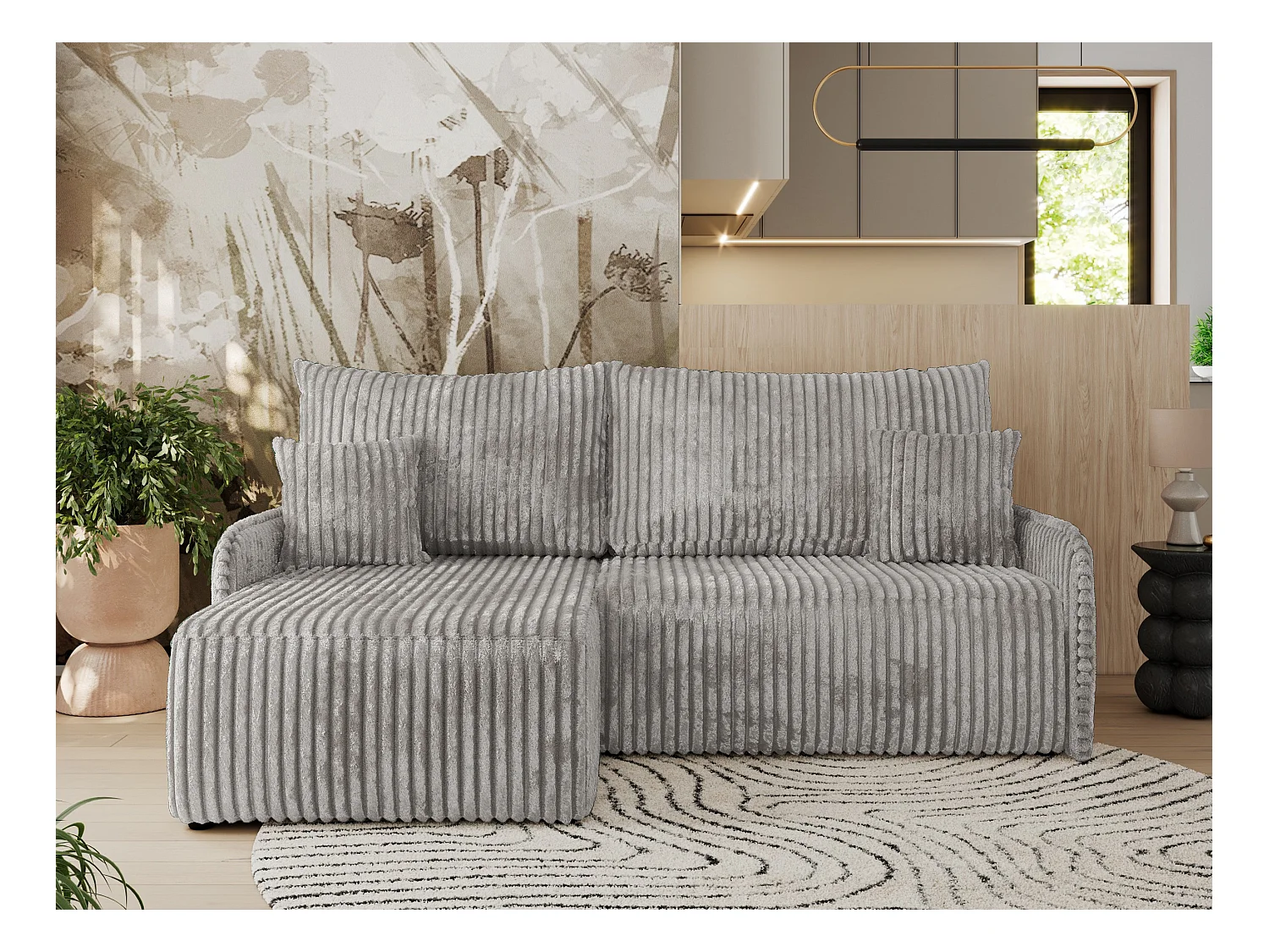 Ecksofa ARPA - L-form Schlaffsofa, Bettkasten und lose Kissen, Armlehnen - Grau Cord - Ecke Links