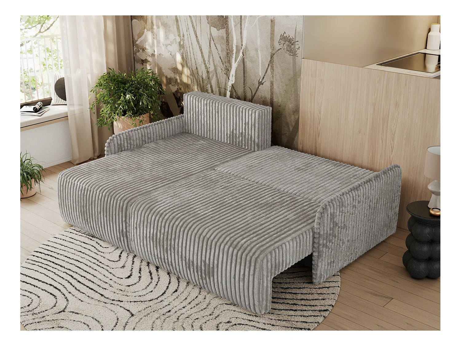 Ecksofa ARPA - L-form Schlaffsofa, Bettkasten und lose Kissen, Armlehnen - Grau Cord - Ecke Links
