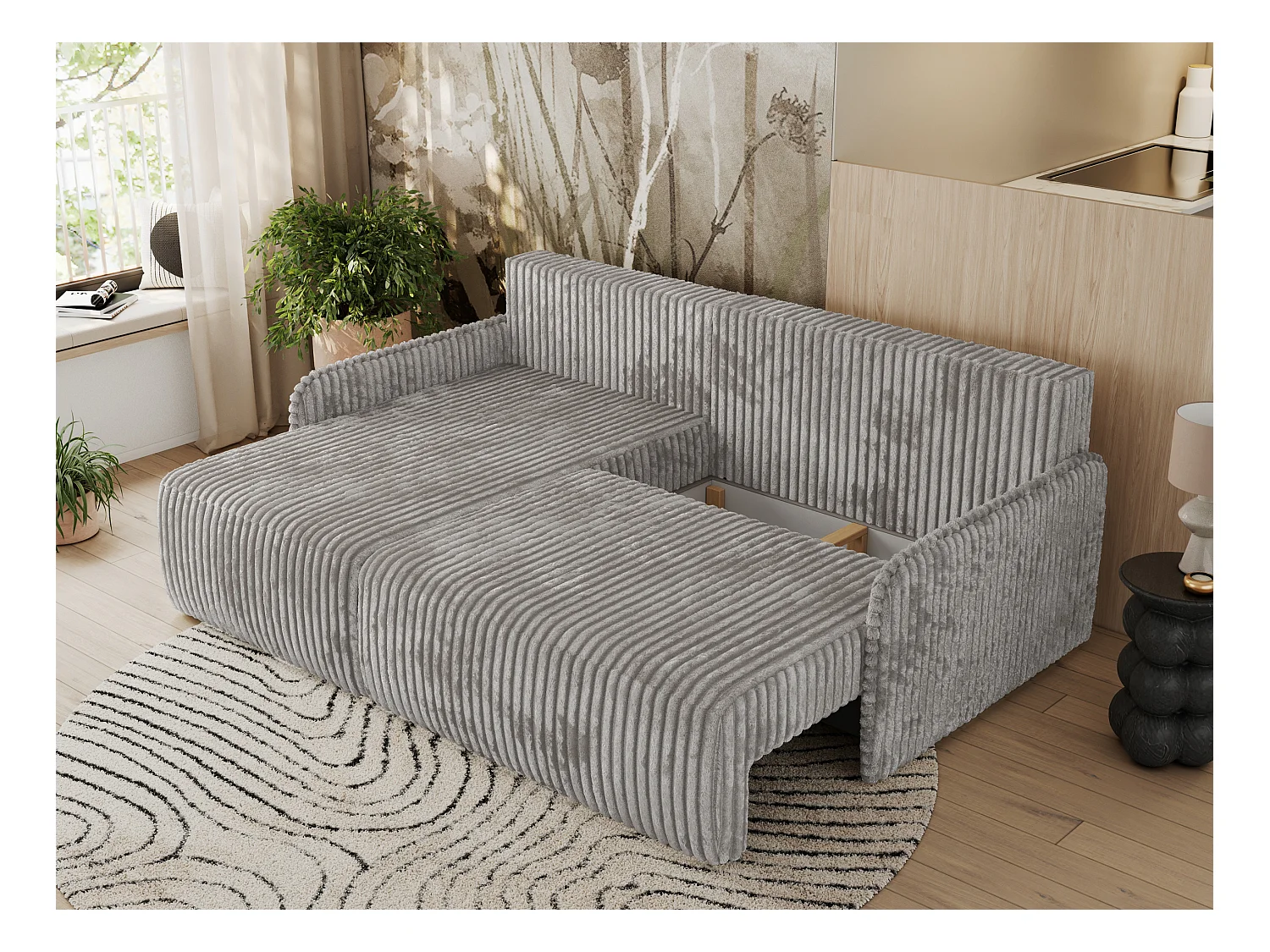 Ecksofa ARPA - L-form Schlaffsofa, Bettkasten und lose Kissen, Armlehnen - Grau Cord - Ecke Links